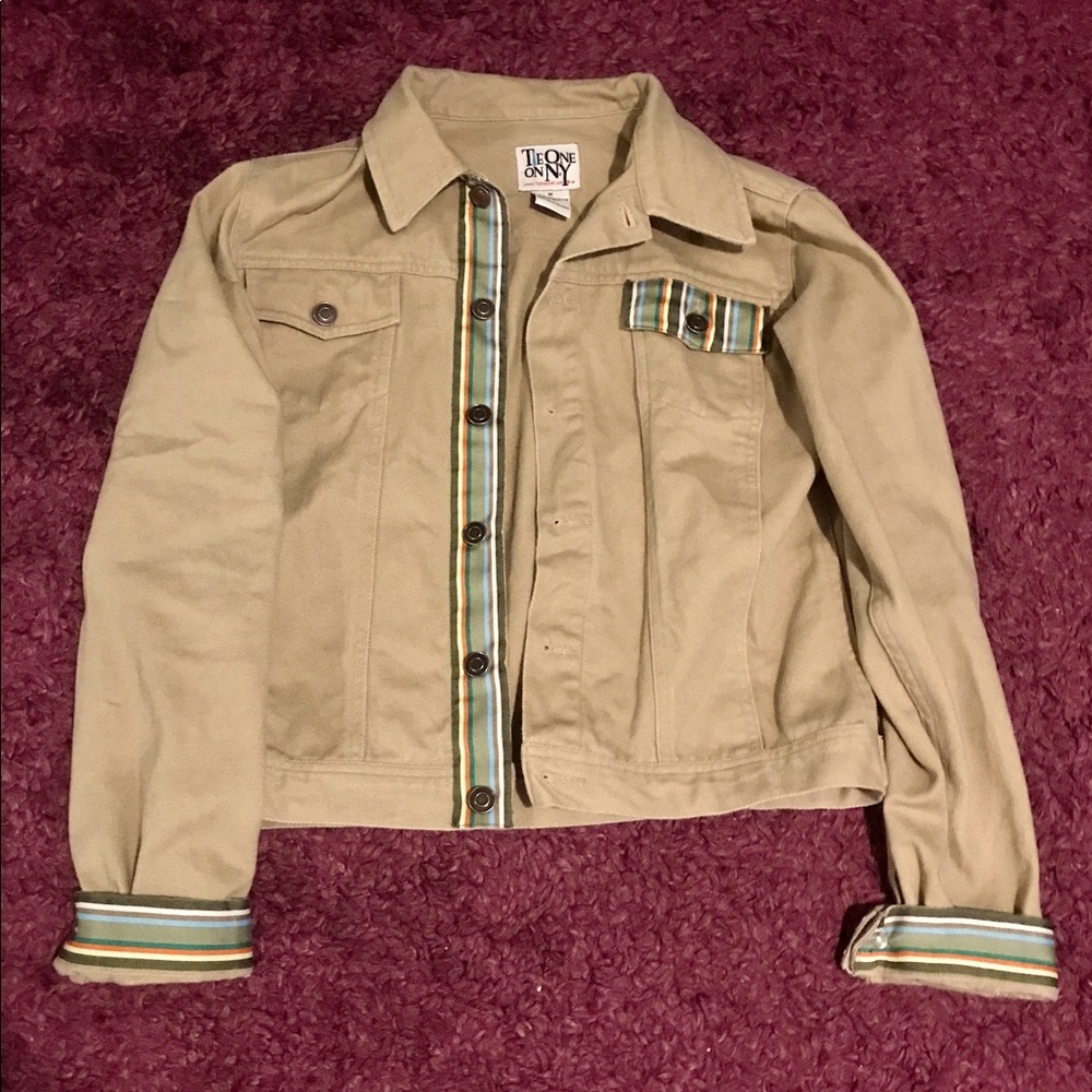 Tie One on NY khaki and striped detail jacket.